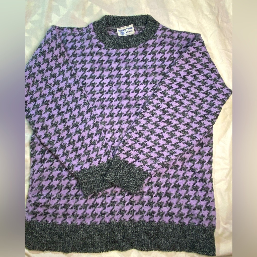 World Trade Knits Vtg Purple Fall Sweater Houndstooth pattern S/M Made In USA